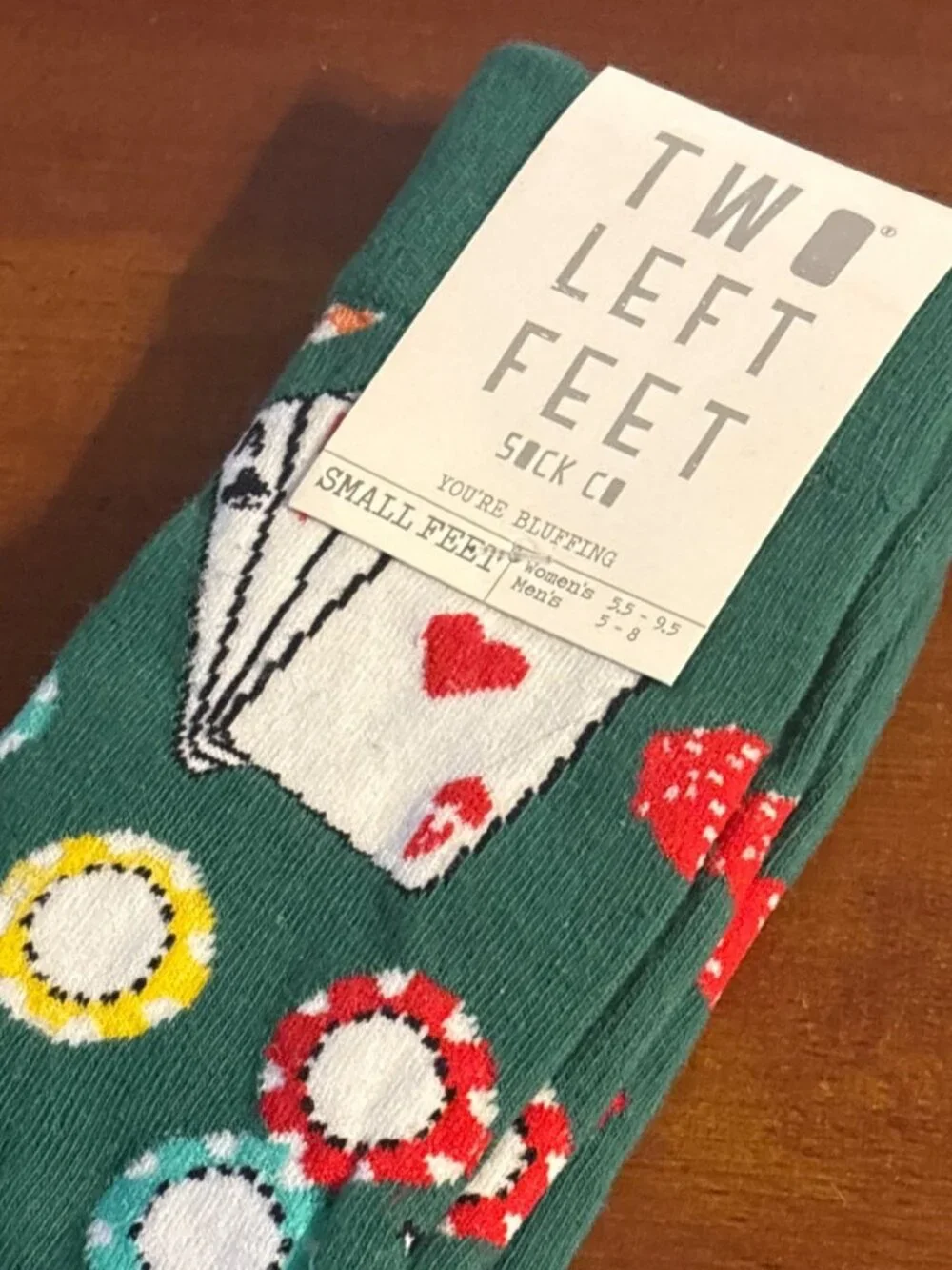 Unisex Two Left Feet You’re Bluffing Poker-Themed Socks Small Feet Green Cotton